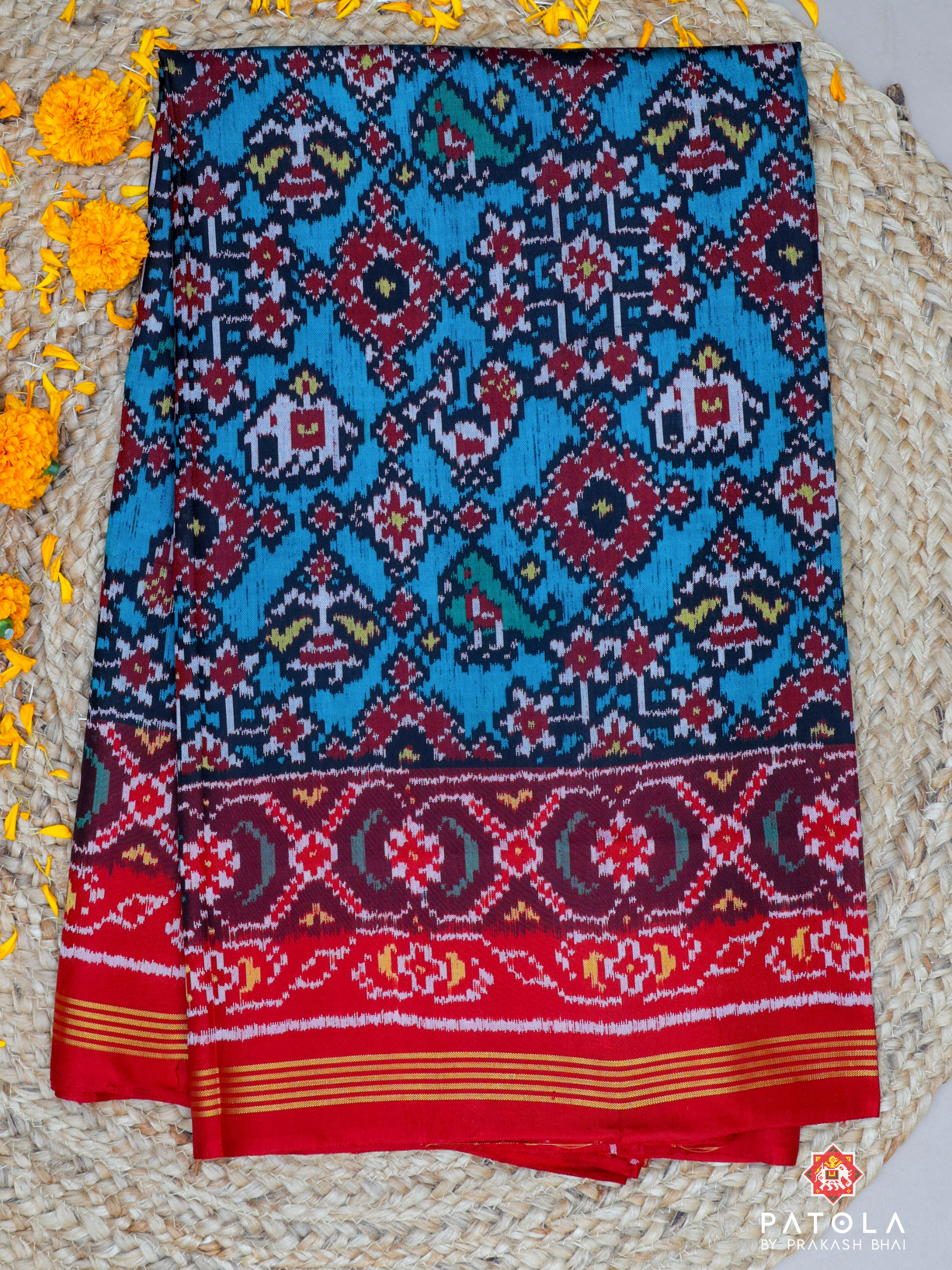 C-Green Hathi Popot With Navratna Design Semi Double Ikat Patola Saree
